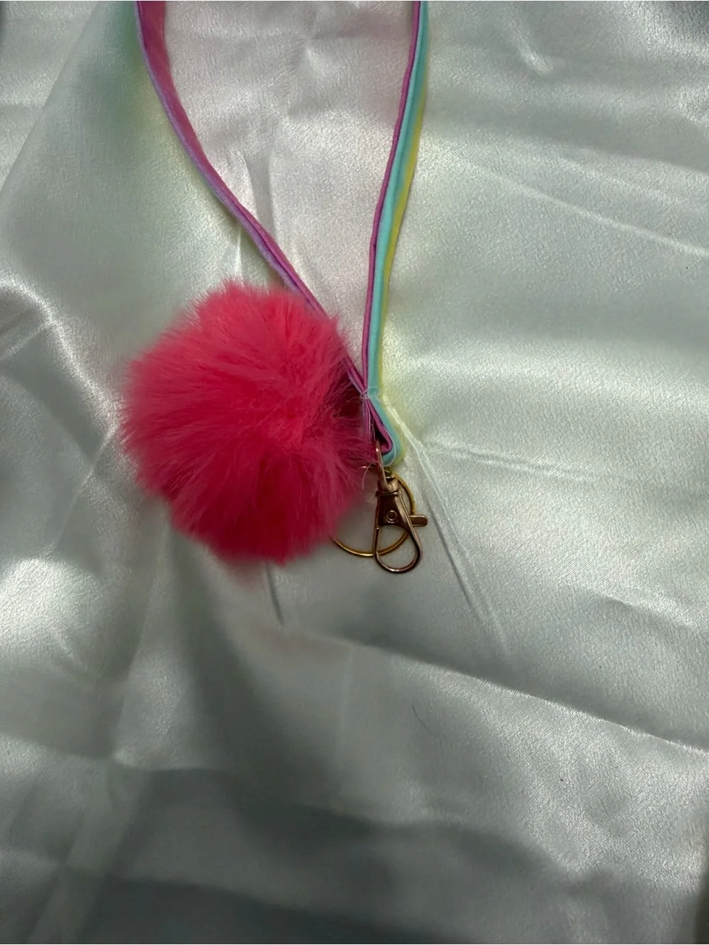 Handmade Rainbow Wristlet Keychain with Bright Pink Pompom